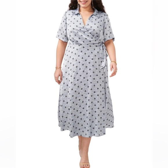 Vince Camuto Dresses & Skirts - Vince Camuto Light Blue Leaf Print Elbow Length Sleeves Wrap Maxi Dress Large